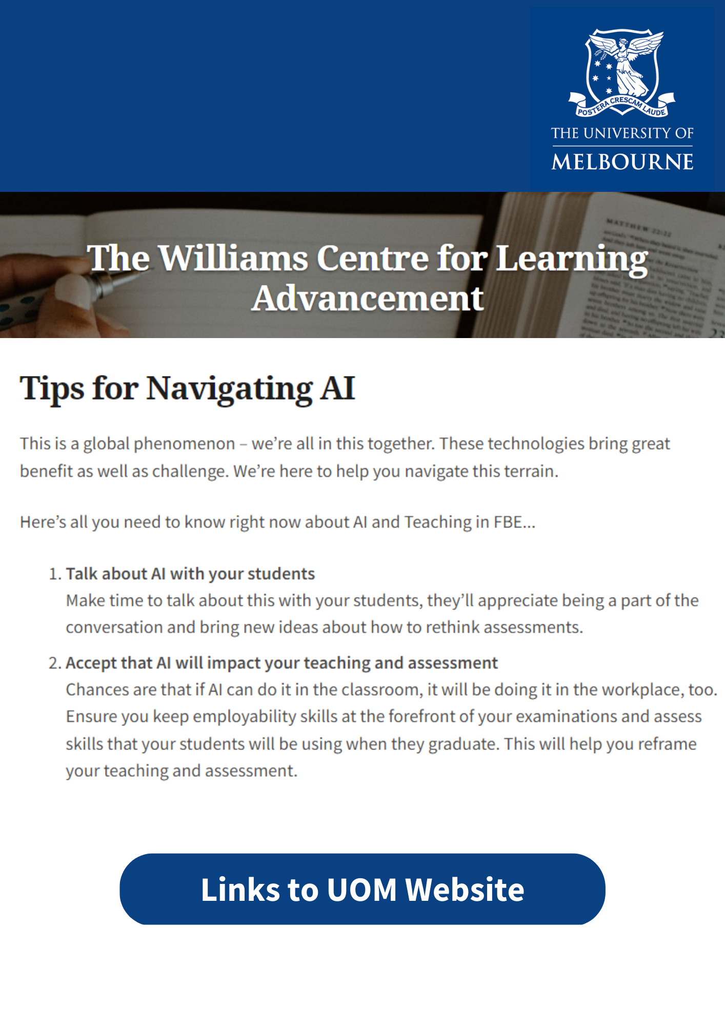 Screenshot of Williams Centre webpage. Click image to be redirected