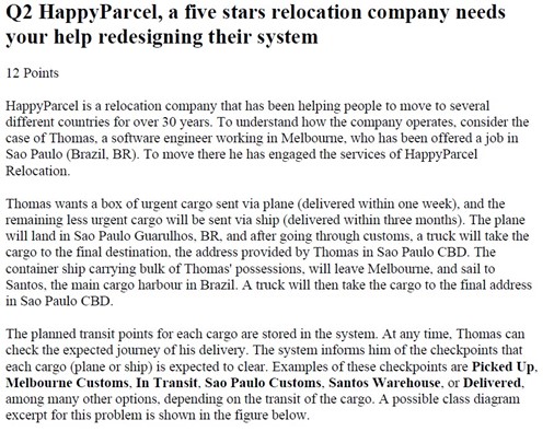 Image of text reading: Q2 HappyParcel, a five stas relocation company needs your help redesigning their system"