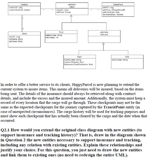 Image shows a diagram and text: Q2 How would you expand the original class diagram with new entities?
